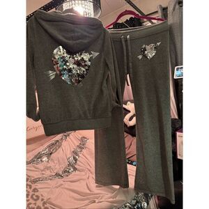 VS PINK grey glitter hooded pullover sweatshirt & pants  set- sweatsuit large